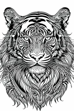 tiger face tattoo, coloring page, clean line art, adults drawing book, Black and white only, crisp black lines, sharp lines, coloring page for adults, black and white picture, lots of details,