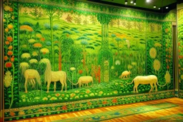 A spring green kingdom with animals designed in Navajo woven art painted by Claude Monet