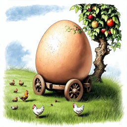 enigmatic giant egg with wooden wheels in the middle of a grassy field, out of a crack in the top of the egg sprouts a tree with chickens growing as its fruit, rough color pencil illustration, cross-hatching textures, surreal atmosphere, unsettling