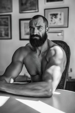 photorealistic full figure shot photography of an ugly 30 year old italian boxer with big broken nose, very long muslim black beard, shirtless, big shoulders, side light, ambient occlusion, sitting on a table in a modern dining room at home, sun from window, emotive expression,