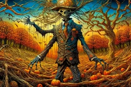 works by Mark Keatley, Josephine Wall, Ellen Jewett, Dan Mumford Cayenne, Victoria Francis. dancing scarecrow with a scary pumpkin head in a field with scarecrows, High Definition HD, High Detail, UHD Pen and Ink Art, Perfect Composition, Detailed Intricacy, Crazy Octane Rendering, Trending on Artstation, 8k Fine Art Photography, Photorealistic Concept Art , soft thoughts, 3D cinematic perfect light, 3D rendering, famous, unforgettable., photo, poster, cinematic