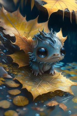 cute tiny ocean demon sitting on a fallen leaf, intricately detailed, photorealistic, oil on canvas, trending on art station, high definition, hdr, cute, beautiful in sunshine