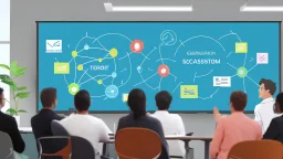 An image that conveys achieving success and skill development. The image depicts a group of individuals gathered in an inspiring teamwork session. They appear engaged in discussion and constructive exchange of ideas. In the background, a screen displays a chart or a conceptual map indicating various goals and pathways. Everyone appears enthusiastic and dedicated to collaborative work and continuous learning. The image reflects collaboration and a focus on achieving success through skill develop