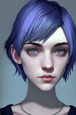 Realistic female teenager with pale skin, big grey eyes, blue and purple short hair, angular facial features, round face, prominent collarbones, black clothing