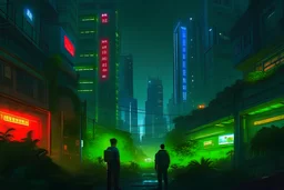 night, cyberpunk city, people, vegetation, sci-fi, epic