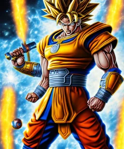 Goku, metal golden armor, defined muscles, shirtless