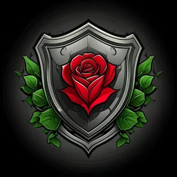 Create an elegant shield logo with a red rose in the middle with falling rose petals. The shield may have green accents.