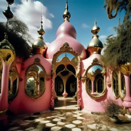 A pink magical palace with mirrors painted by Salvador Dali