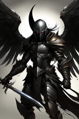 Demonic angel knight in black armor with huge wings and an avian helmet