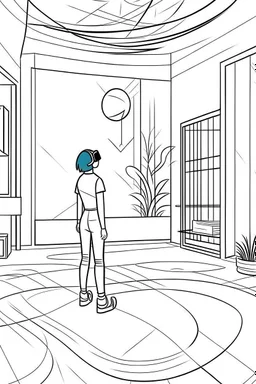 Virtual Reality Retreats: Immerse Yourself in Uncharted Worlds from Your Room" each unique, flat vector, full view, only draw lines, clean line art, –no sketch, white background, minimalistic black lines, minimal black color, coloring page, thin black line art, perfect shape, perfect clear lines,