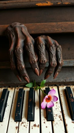 Ugly , Evil rusted hands on an old piano keyboard with flower on the keyboard