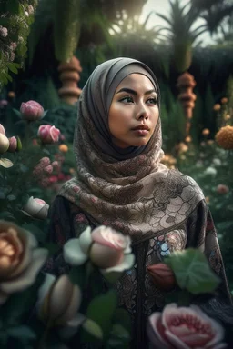 half body wide angle RAW photo, beautiful woman in hijab wearing luxurious and ornate clothing, fully covered, opals and floral decorations, flower garden view in the background, beautiful Indonesian woman's face, high detail skin, flowers, hijab, 8k uhd, DSLR, soft lighting, high quality, film grain