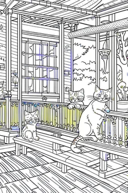 kids coloring page, Cats on the porch, cartoon style, thick lines, low detail, no shading