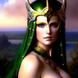 portrait 'beautiful Sexy Busty Blonde Sif',long hair,horned helmet, celtic tattoed,crystal clear green eyes,painting by gaston bussiere, greg rutkowski, yoji shinkawa, yoshitaka amano, tsutomu nihei, donato giancola, tim hildebrandt, oil on canvas, cinematic composition, extreme detail,fit full head inside picture,32k