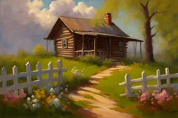 Clouds, cabin, spring trees, little pathway, fence, flowers, john singer sangent impressionisn painting