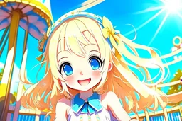 contented cute blonde blue eyed chibi girl in the amusement park in sunshine