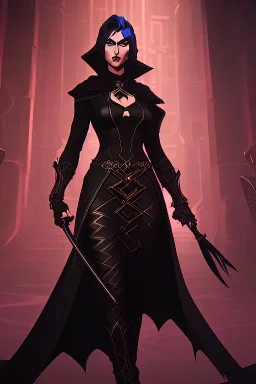 mature evil witch in black leather gown with a leather whip in her hand, big chest, angry face, inside a dungeon