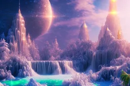  white and gold crystal cosmic background，waterfall, full of details, smooth, bright sunshine，soft light atmosphere, light effect，vaporwave colorful, concept art, smooth, extremely sharp detail, finely tuned detail, ultra high definition, 8 k, unreal engine 5, ultra sharp focus