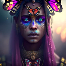 butterfly slumlord gypsie, A soft portrait of a woman, insane facial make-up detail, ambient detail, depth of field, dirty make-up, crystalized complimentary colors, queen, atmospheric, realistic, unreal engine, lighting, octane render, proportional, national geographic haze,