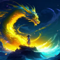 An advanced anime-style artwork showcasing a tiny, playful character in a vibrant anime universe. The scene is set against a transparent night sky, framed by a magnificent bioluminescent dragon emerging from the depths of an ocean void. The dragon, adorned in shades of yellow and silver, crackles with lightning that arcs and sparks off the swirling water around it. The dragon's visage resembles radiant droplets of bioluminescent water. The surroundings depict an upside-down gravity-reversed ocea