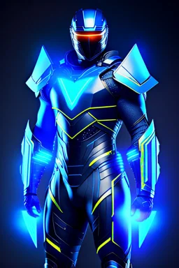 neon blue, floating triangle of light orbiting behind the back, cyber armor, geometric patterns on armor, male, orbiting triangle