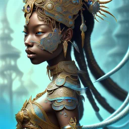 Sango fantasy, fantasy magic, intricate, sharp focus, illustration, highly detailed, digital painting, concept art, matte, art germ and Paul Lewin and Kehinde Wiley, masterpiece Aztec princess dancer head bronze feather's' Asian African girl nice breast Thai hair turquoise silver blue under water