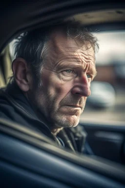 portrait of man stuck in his car after a crash ,shot on Hasselblad h6d-400c, zeiss prime lens, bokeh like f/0.8, tilt-shift lens 8k, high detail, smooth render, down-light, unreal engine, prize winning