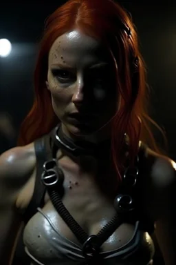 A redhead girl gagged with sculpted abs captured by a movie villain, full body scene