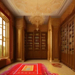 house arabic marbre wihte floor with golding details ,big window , fontains , bougainvillea red , Library ، Silk curtains ، Silk curtains ، morning light ، Decorative oil burners ، 4k , realistic , cinematic , morning light ، reflection