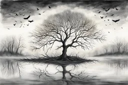 Illustration of a lonely dark tree with barren branches stands on a water's edge, reflected in the water, fog, crows in the sky, timelessness and dying, mystical landscape, pencil drawing