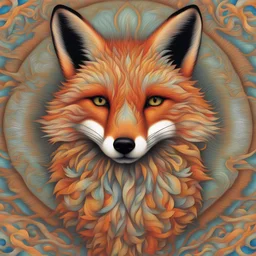 A mesmerizing optical illusion of a fox image, in an intricate guilloche style with overlapping bright colors,