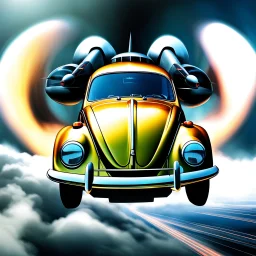 a high definition screen shot of a jet-fighter vw-beetle, retrofuturistic, phototrealism, in flight, one subject, should have wings with atleast one exposed jet on each wint or one coming throught thr front and center of the vehicle.