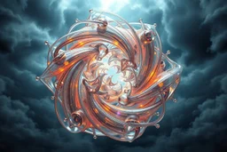 Dynamic complex hypnotic fractal 3D structures twisting and morphing between organic and geometric forms with Symmetry, smooth translucent iridescent glass with inner glow and bubbles, varied transparent materials, stormy skies, intense dramatic