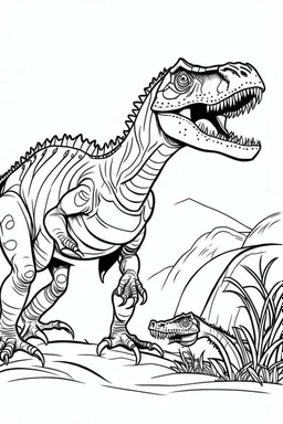 create a coloring page Show a juvenile T-Rex practicing its hunting skills under the watchful eye of its parent. This can involve chasing after smaller dinosaurs or scavenging for food.ink drawing clipart, simple line illustrations, colored