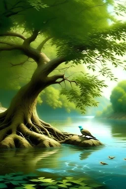 río revuelto con un árbol donde descansa un pájaro con sus crías