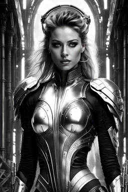 Generate an 16k image of a futuristic Hollywood superstar with android features, inspired by Luis Royo's art, wearing a metallic exosuit.In black and white,