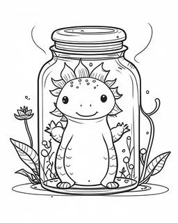 cute axolotl life in jar minimalistic, line art, background, vector, svg, coloring book page style, black outline on white background