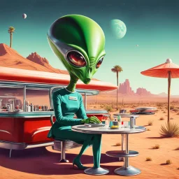 1950’s retro sci-fi space alien visit a diner in the desert