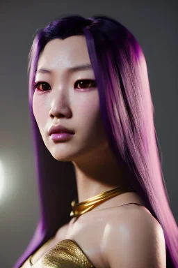Young asian woman, barbarian character, purple hair, gold eyes, long hair gold jewelry, leather, vibrant color, highly detailed, art stations, concept art, smooth, unreal engine 5, god rays, ray tracing, RTX, lumen lighting, ultra detail, volumetric lighting, 3d, finely drawn, high definition, high resolution.
