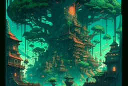 retro anime style, full color, dark serious 1980s anime style, a elf city in a giant tree, no humans, no people