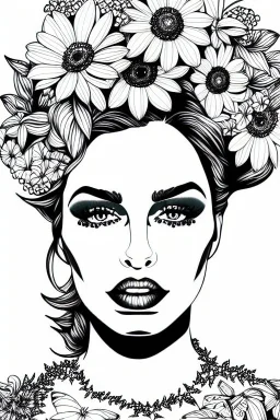 hyper detailed, black and white, thick line, coloring book illustration, lineart, stunningly beautiful woman in flowers