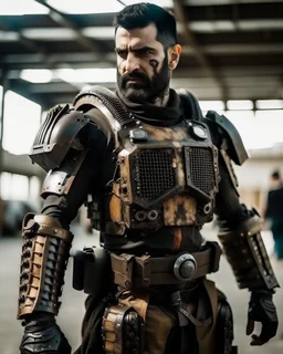 A brave iranian warrior with leather and metal combat clothes robotic metal