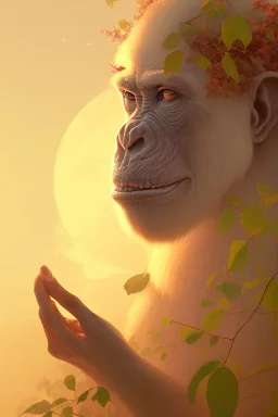 Ape portrait , detailed hands, at dawn by atey ghailan, golden light , white robe, holding leaves and flowers , angels background, volumetric light, high detail, red leaf tree, mountains in background, perfect