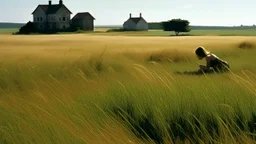 A female figure in the foreground, slightly off-center to the left, stretches or crawls across a field of tall grass. The horizon is high in the frame, leaving much of the image occupied by the landscape. In the background, on a distant hill, a few buildings—a main house and a smaller structure—contribute to the atmosphere of remoteness. The horizon line is clear and defined, dividing the field from the plain and the sky. The arrangement of the elements creates a sense of depth and scale, where