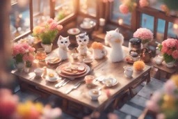 top view of a miniature restaurant scene with cute chibi anime kitten guests and waiters, meal, flowers S<AI in sunshine, photorealistic, 3D, ethereal, cinematic postprocessing, bokeh, dof