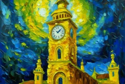 A yellow clock tower made out of gel in a thunderstorm painted by Vincent van Gogh