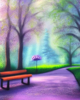 park mystical dream, park bench, man, woman, child, dog, trees, path, bird, sunshine, mystical, fantasy, romanticism, pastel colors, daylight, daytime, acrylic painting, detailed, soft focus,