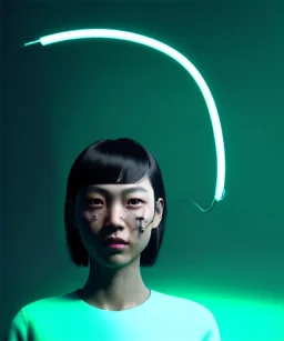 Ultra realistic photographic night portrait, cinematic, <Asian woman> many wires coming out of the head <garage> <wide angle>, hot, retro futuristic dress <Helmut newton photo style>, neon lights, color fog, soft color, highly detailed, unreal engine 5, ray tracing, RTX, lumen lighting, ultra detail, volumetric lighting, high definition.