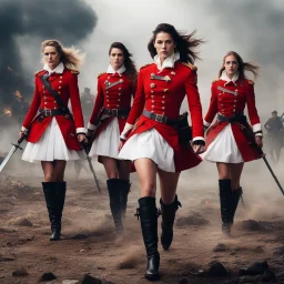 Multiple female redcoats wearing thigh-high boots and short white skirts on the battlefield. A scene so surreal, it could only be born from the depths of a fevered imagination. The clash of steel, the thunder of cannons, the screams of the fallen mingling with the battle cries. Among the chaos and carnage, these fierce women stood out like ethereal warriors from a bygone era. Their skirts fluttered in the wind, stained with mud and blood, a stark contrast to the traditional uniform of the battle