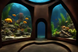 In the large semicircular Tropical Scenery Underwater World Aquarium, Symphysodon is placed in beautifully decorated rooms. Modifier: Fantastic view Ultra-detailed HDR Ultra-realistic Extremely detailed backgrounds Extremely mysterious Detailed
